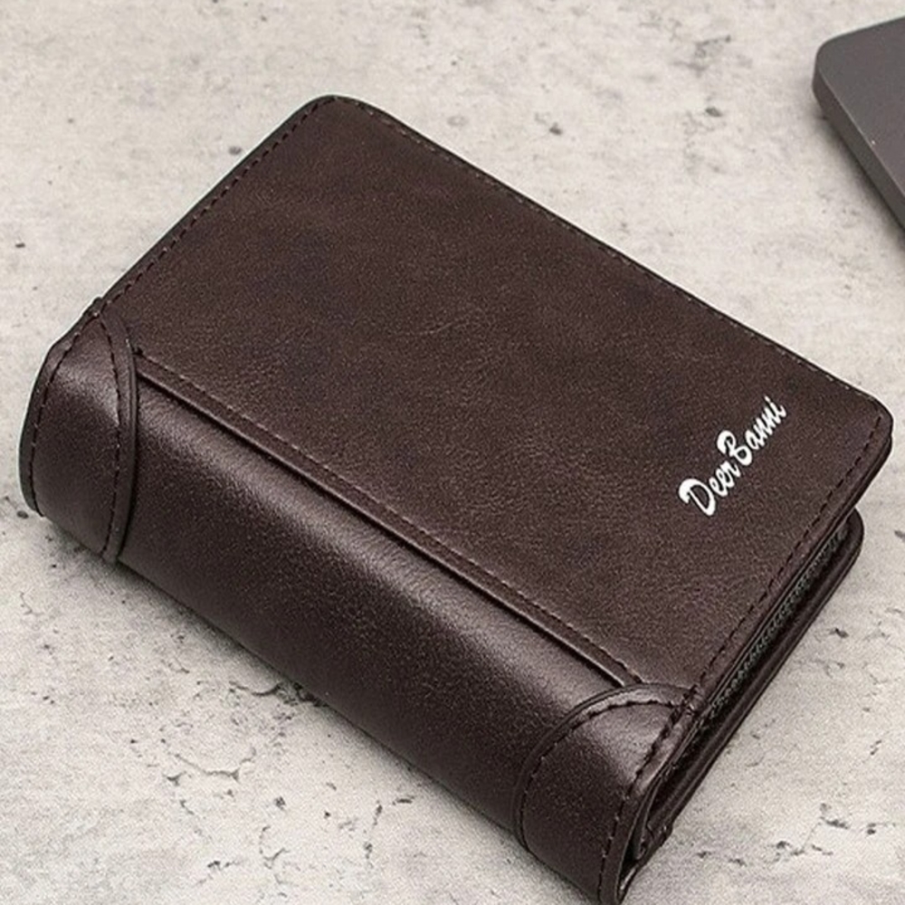 Men's Stylish PVC Chocolate Brown Wallet Zippered Change Purse RIFD Blocking